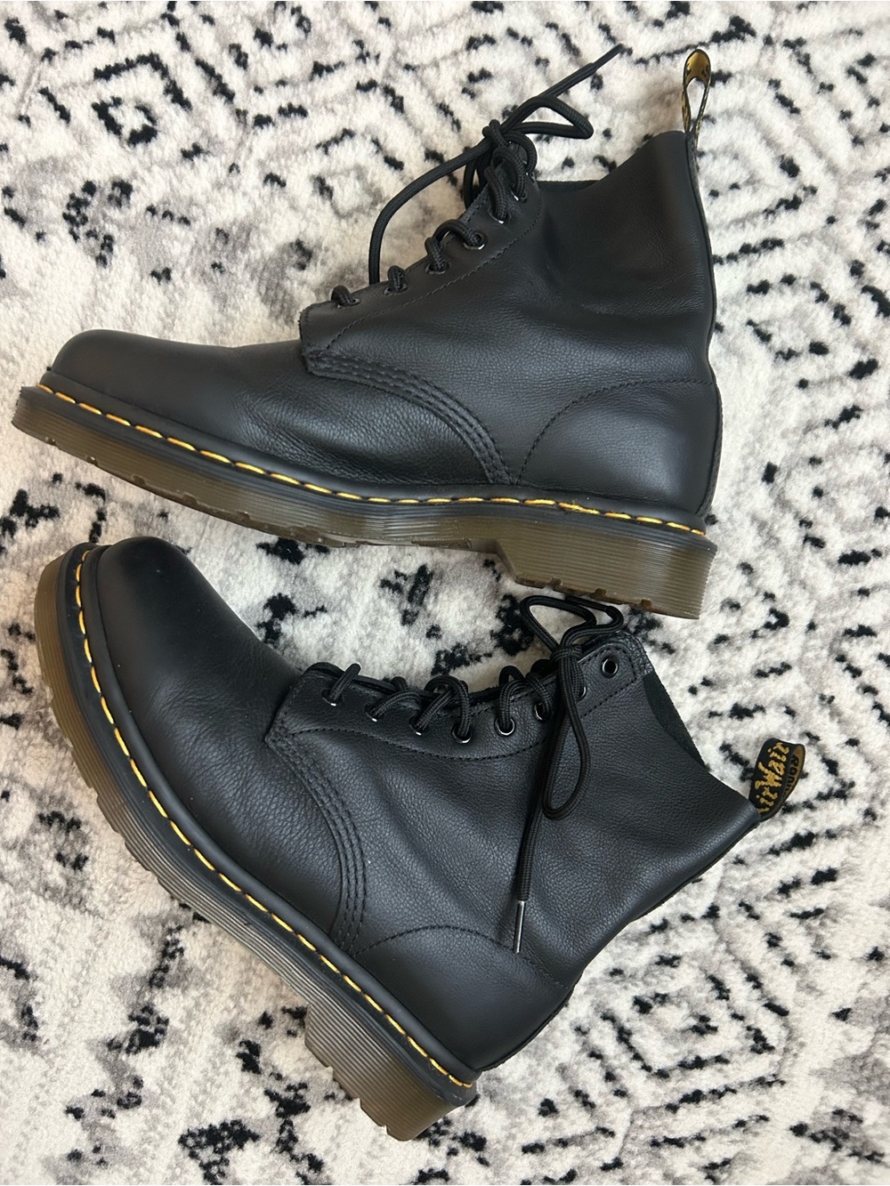 Dr. Martens Black Leather Lace-Up Combat Boots with Yellow Welt Stitching